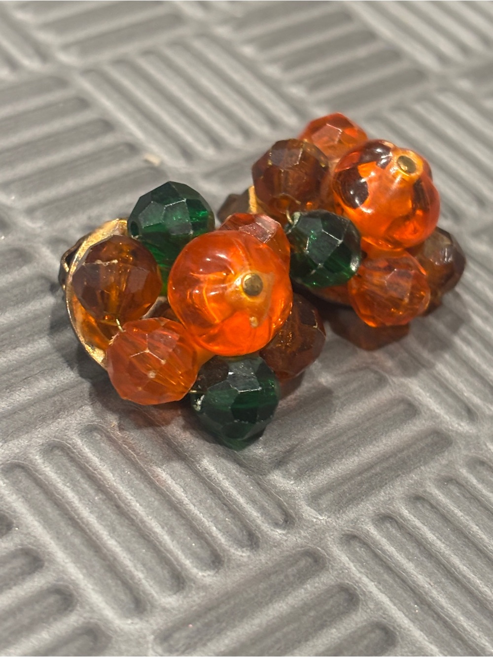Vintage Bead Cluster Clip-On Earrings - Orange & Green